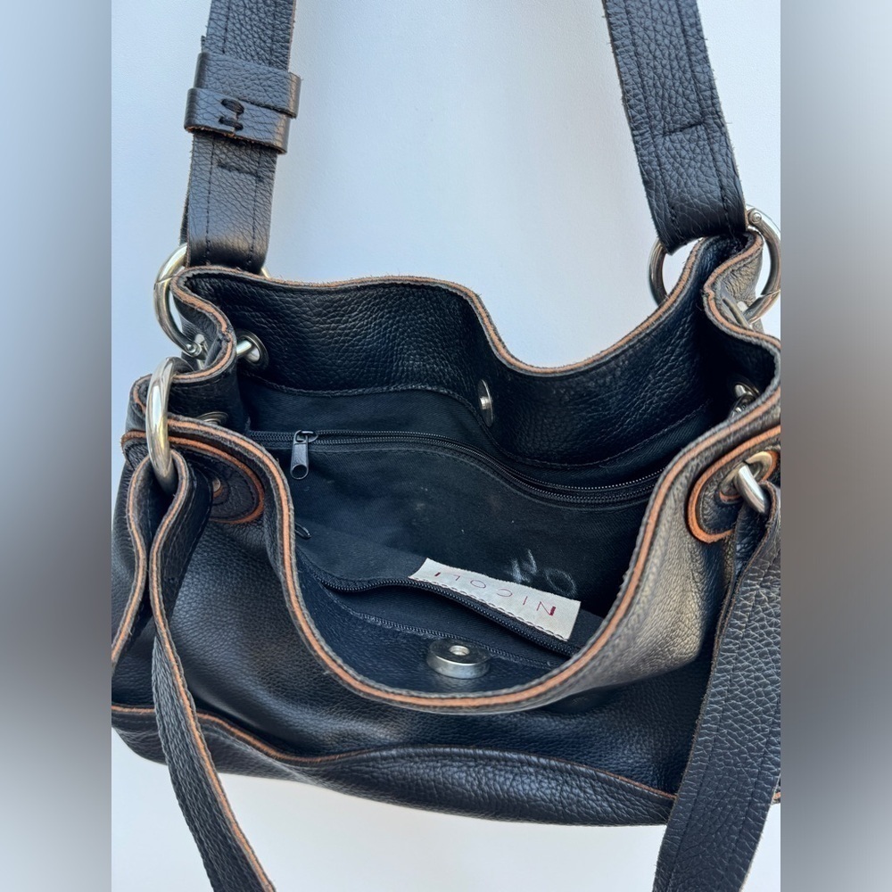 Nicoli Black Pebble Leather Brown Trim Shoulder Bag - Picture 14 of 16